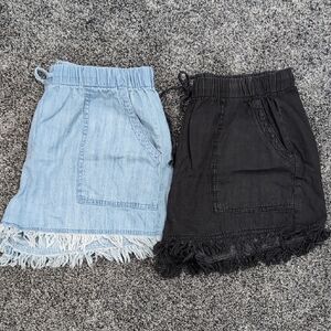 Fringe Hem Denim Skirts - Light Blue and Black